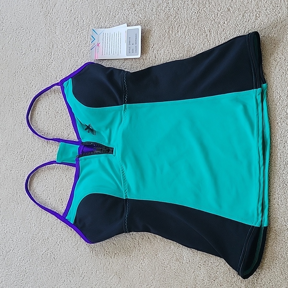 WOMENS ZEROXPOSURE TANKINI SWIM TOP SZ 6 4 PURPLE GREEN BLACK RACERBACK ZIP